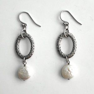 Silpada Sterling Silver Hammered Oval Coin Pearl Dangle Earrings W1253